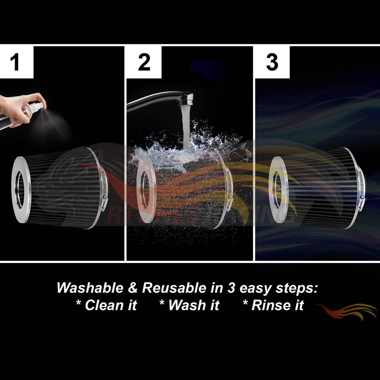 BLACK 3" 76mm Cone Air Filter | Rtunes Racing | AF3CK