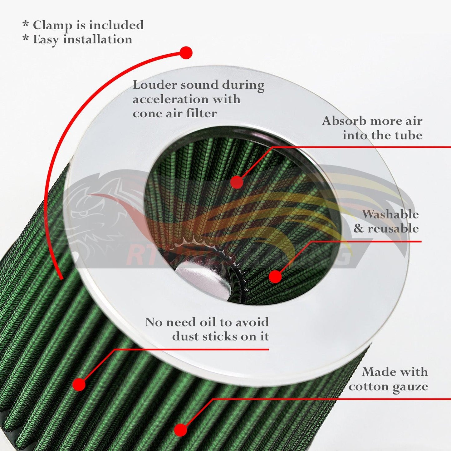 GREEN 3.5" 89mm Cone Air Filter | Rtunes Racing | AF35GN