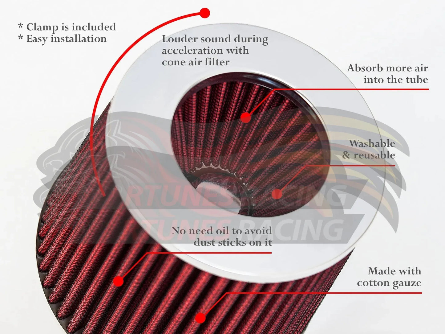 RED 3" 76mm Cone Air Filter | Rtunes Racing | AF3R