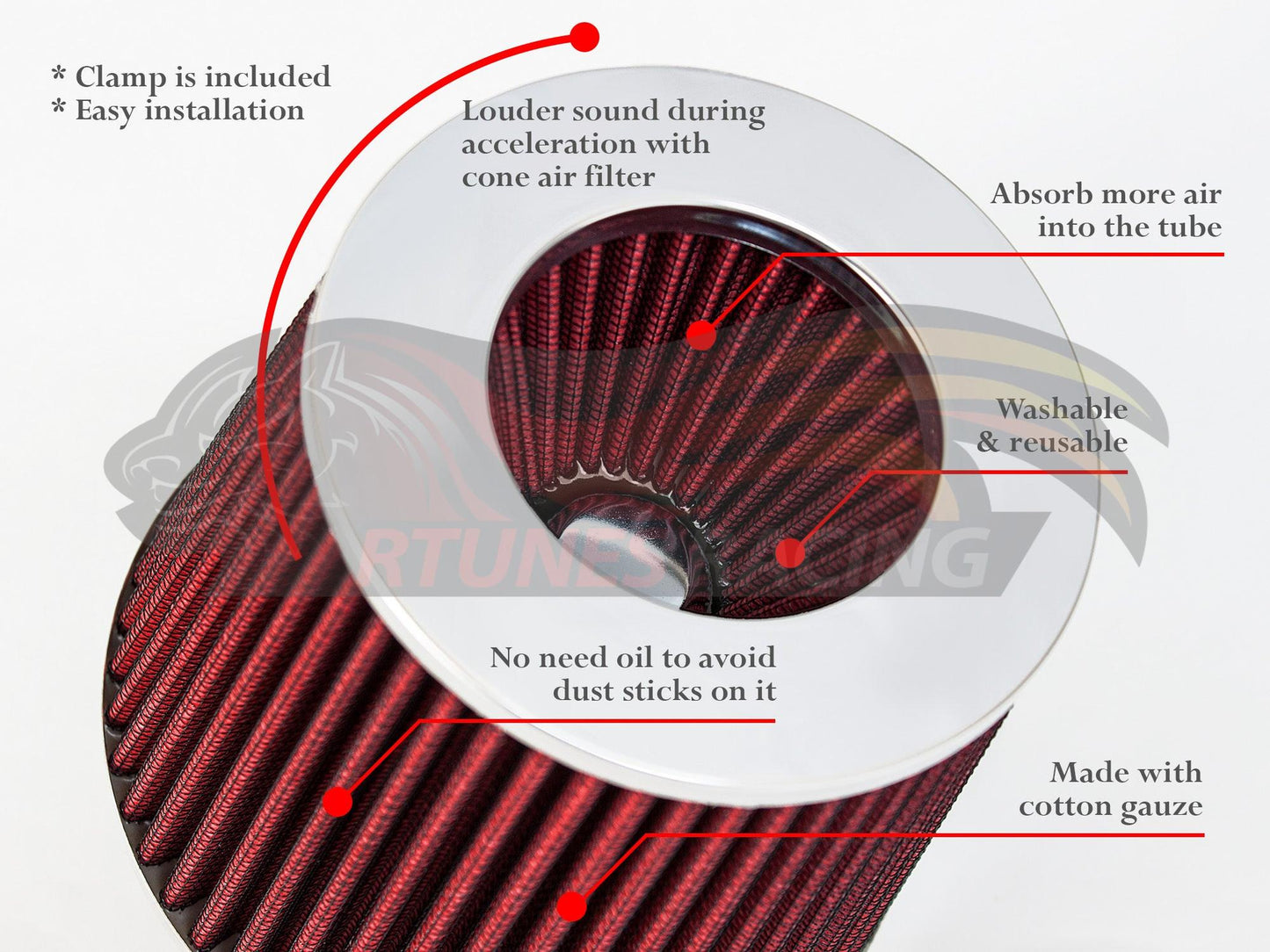 RED 3.25" 82.5mm Cone Air Filter AF325R