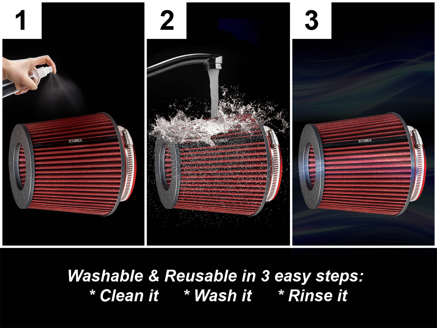 Rtunes RED 2.25"-4" 63.5-102 mm Inlet Cone Air Filter | Rtunes Racing | RAFR