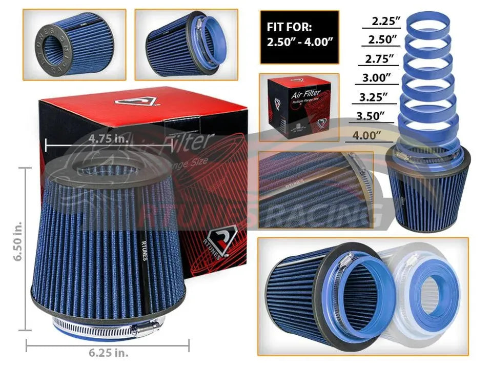 Rtunes BLUE 2.25"-4" 63.5-102 mm Inlet Cone Air Filter | Rtunes Racing | RAFB