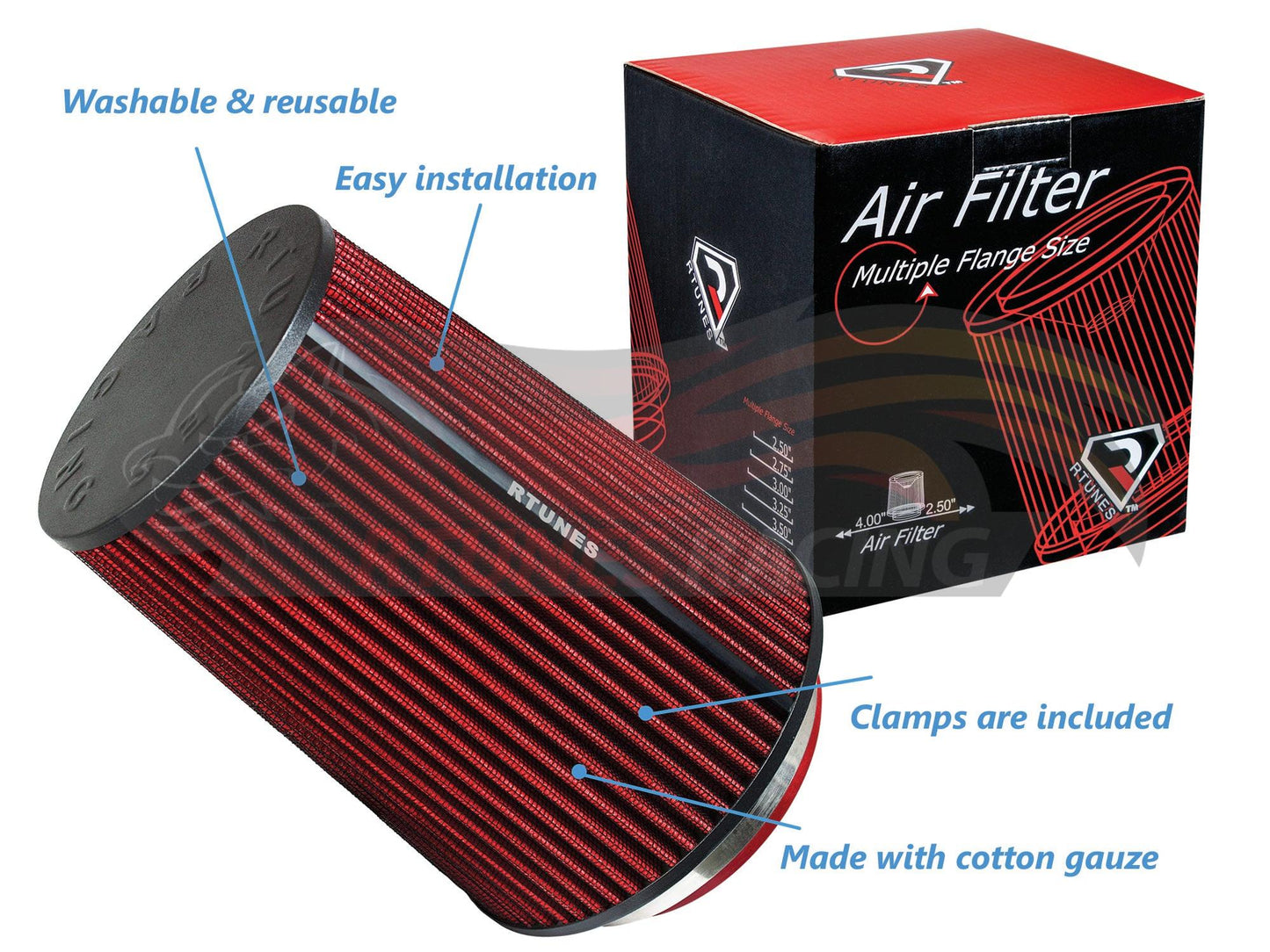 Rtunes RED 4" 102 mm Inlet Truck Cone Air Filter RAFL4R