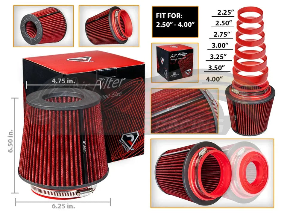 Rtunes RED 2.25"-4" 63.5-102 mm Inlet Cone Air Filter | Rtunes Racing | RAFR