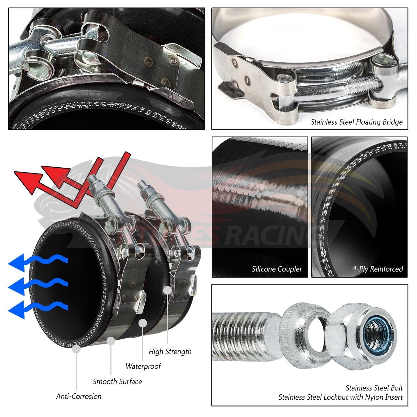 Black Silicone Coupler Hose 3"-2.5" inch (76mm to 63mm) with T-Bolt Clamps | Rtunes Racing | SH-SR76-63CK-TC