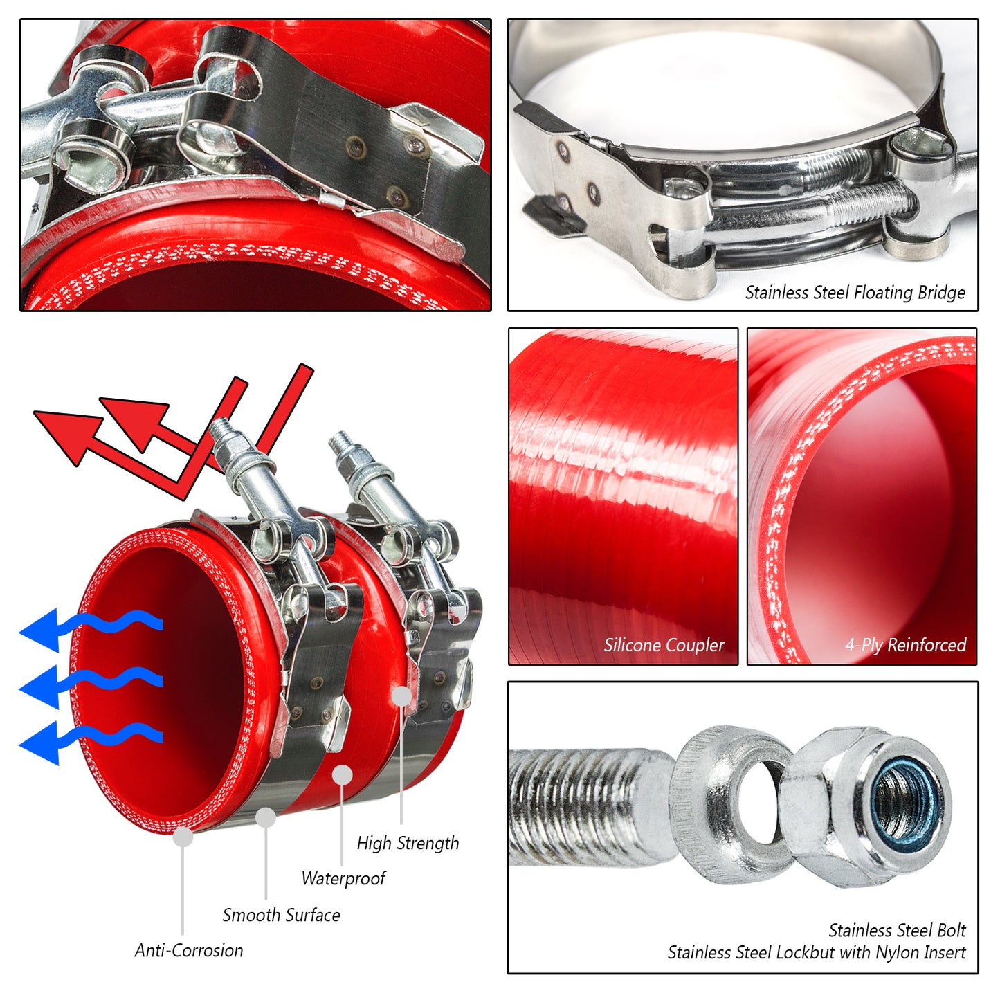 Red Silicone Coupler Hose 3" inch (76mm) with T-Bolt Clamps