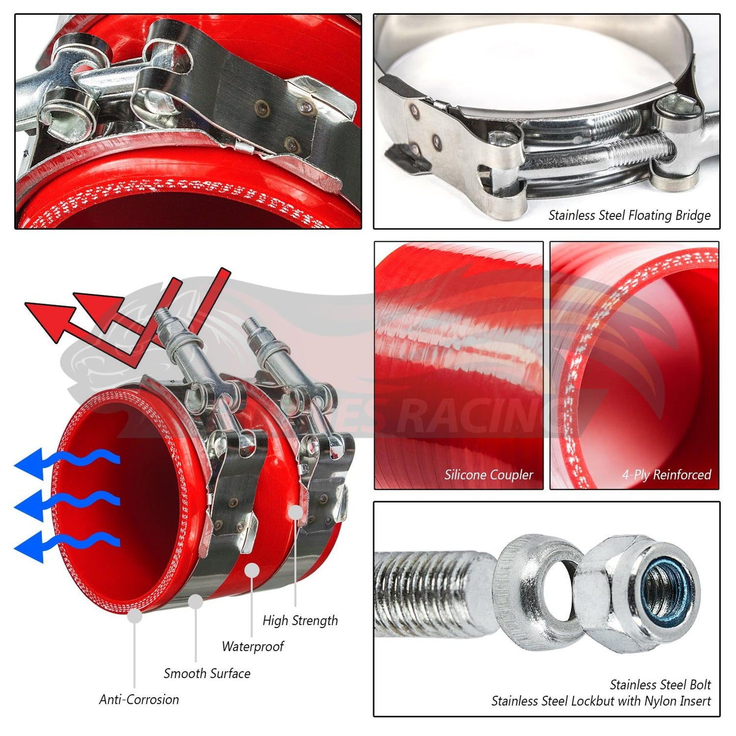 3"-2.5" inch (76mm to 63mm) Silicone Coupler Hose with T-Bolt Clamps | Rtunes Racing | RED SH-SR76-63R-TC