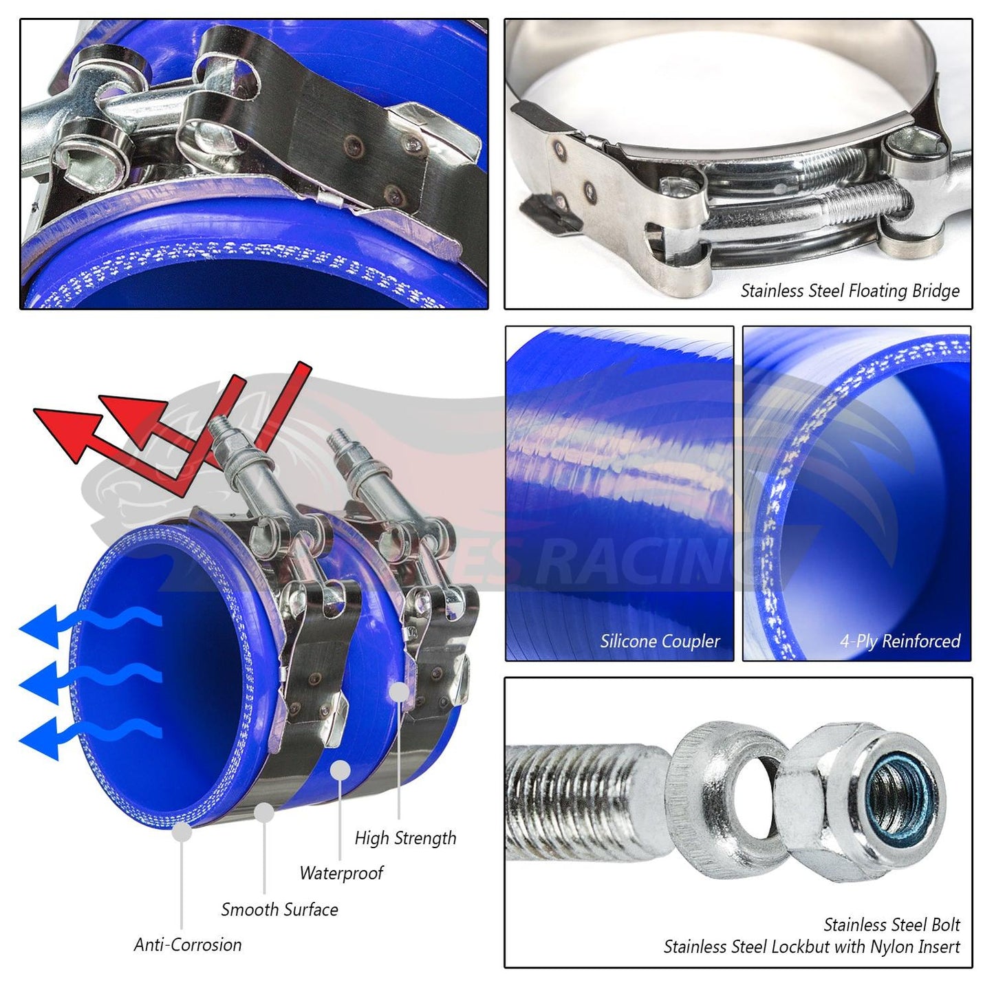 Blue Silicone Coupler Hose 3" inch (76mm) with T-Bolt Clamps | Rtunes Racing | SH-SCH76B