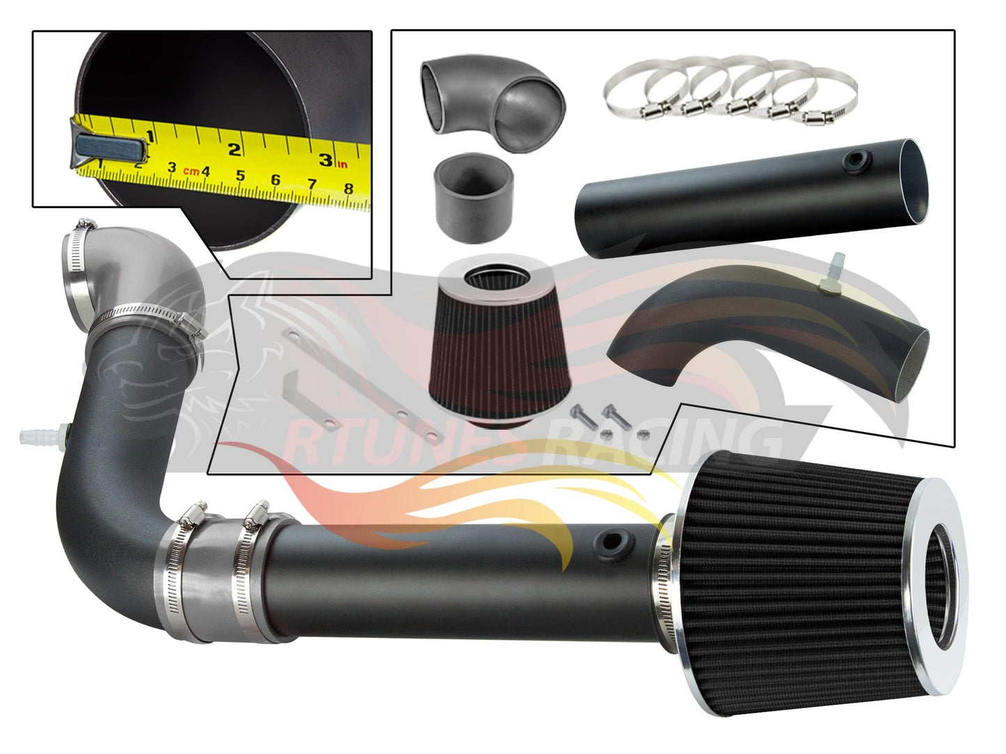 Matte black cold air intake kit for 2.2L Chevy S10 and GMC Sonoma with conical air filter, piping, and mounting hardware.