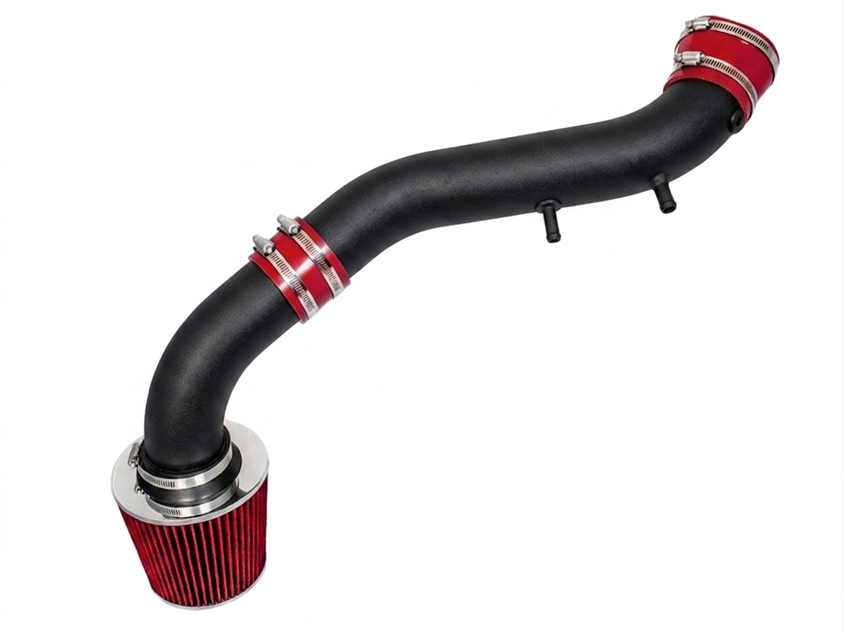 Rtunes Racing cold air intake with black powder-coated pipe, red cone filter, and red silicone couplers for Dodge Durango.