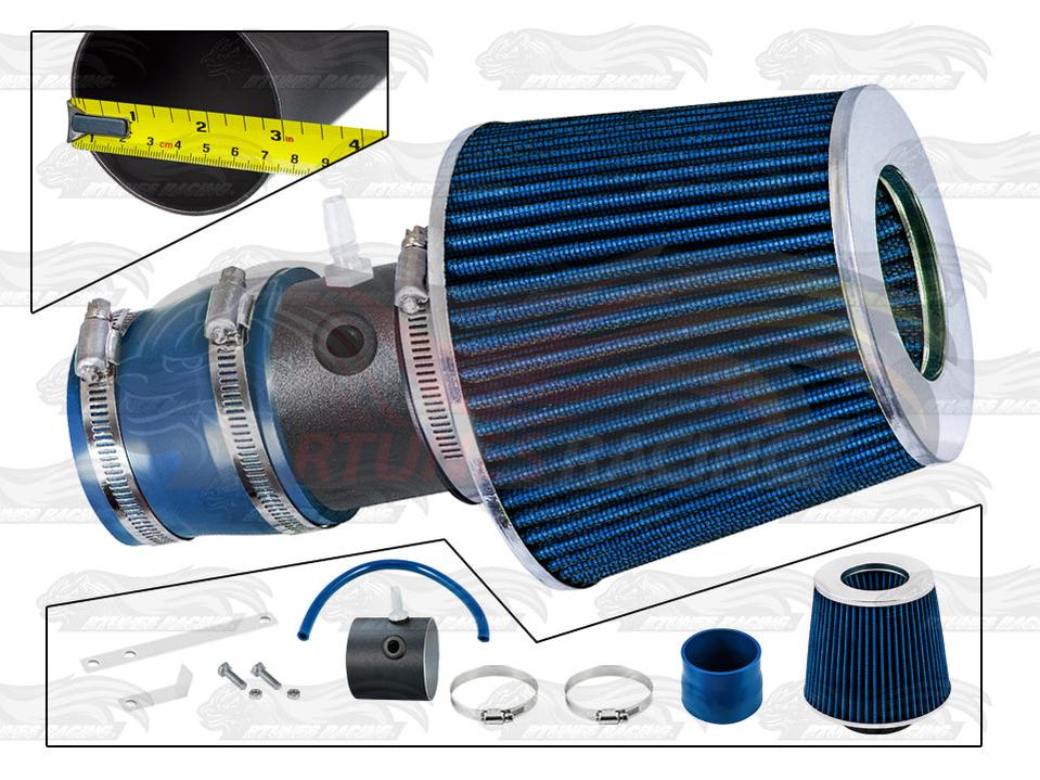 Blue short ram air intake kit with a conical filter, metal piping, and mounting hardware for 2000-2005 Dodge Neon 2.0L.