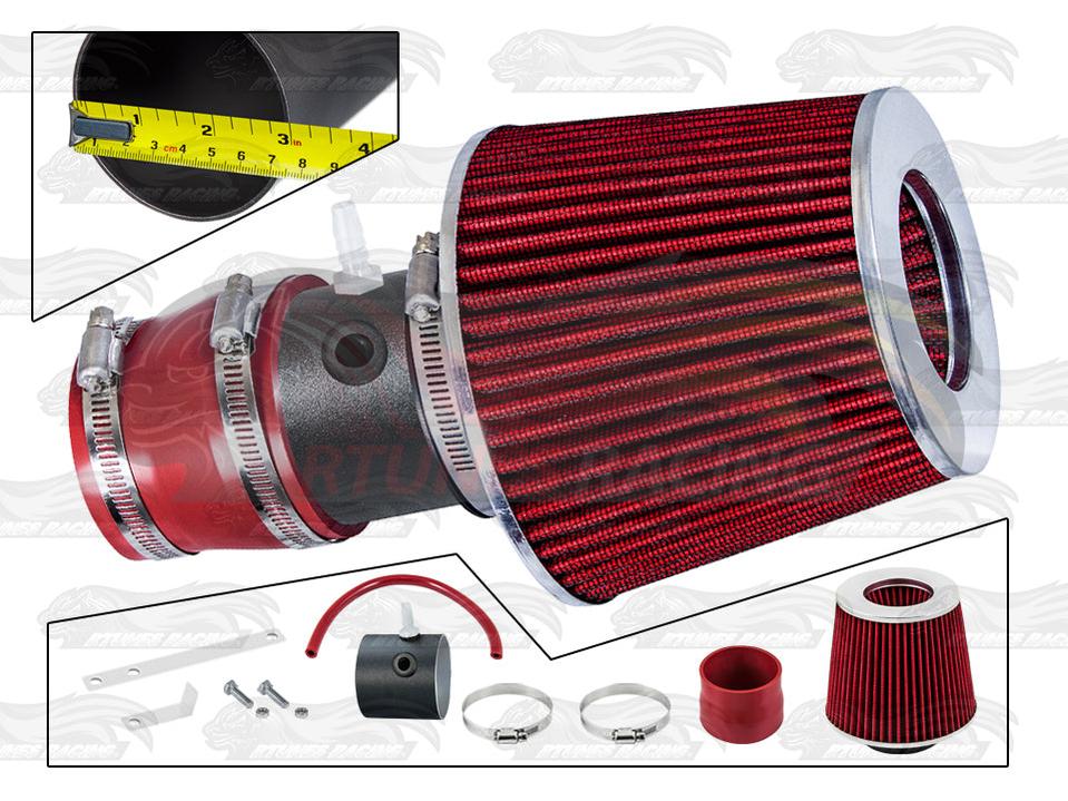 Rtunes Racing short ram air intake kit with red cone filter, black piping, and mounting hardware for Chrysler Neon.
