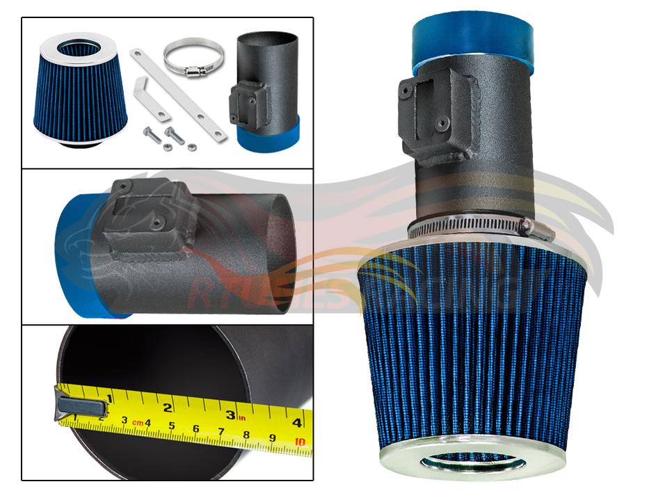 Rtunes Racing blue and black short ram air intake kit with filter and mounting hardware for 4.6L V8 engines.