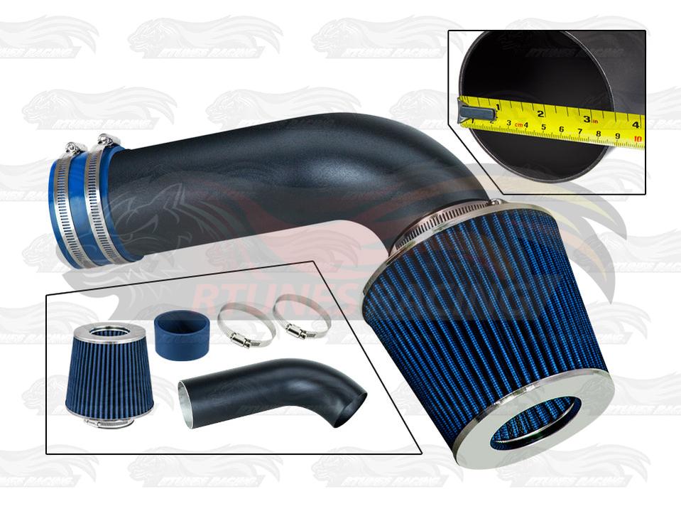 Rtunes Racing black short ram air intake kit with blue filter for 2017-2018 Ford F150 3.5L Ecoboost with hardware.