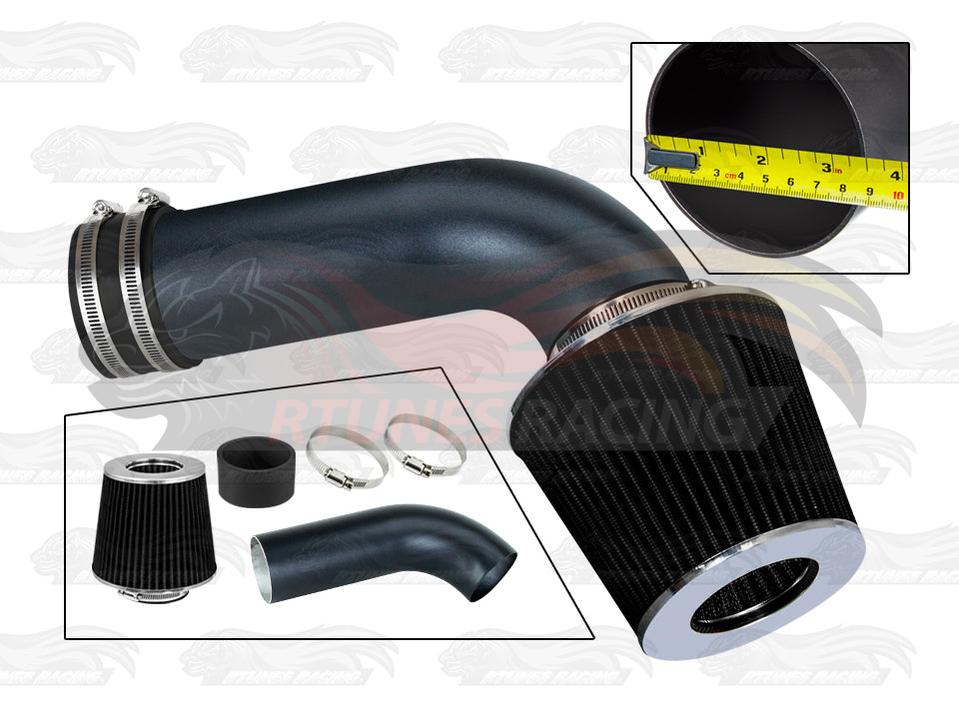 Black short ram air intake kit for 2017-2018 Ford F150 3.5L Ecoboost with conical filter and metal piping.