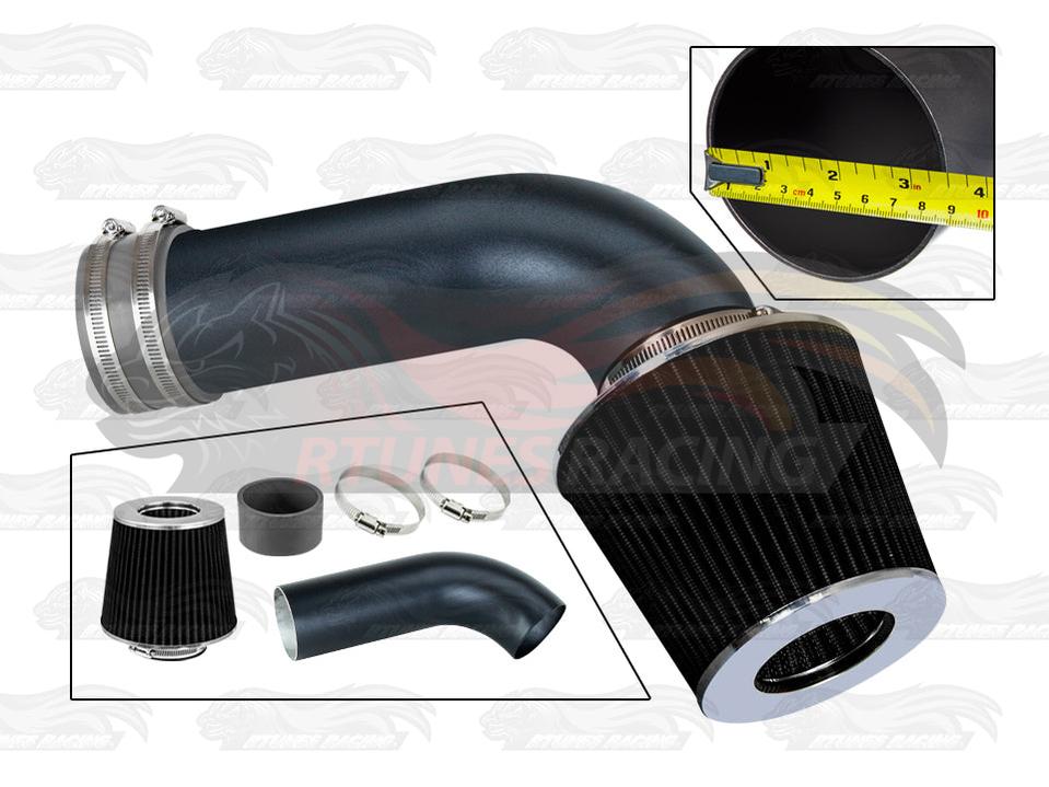 Black short ram air intake kit for Ford F150 3.5L Ecoboost with a cone filter, metal piping, and mounting hardware.