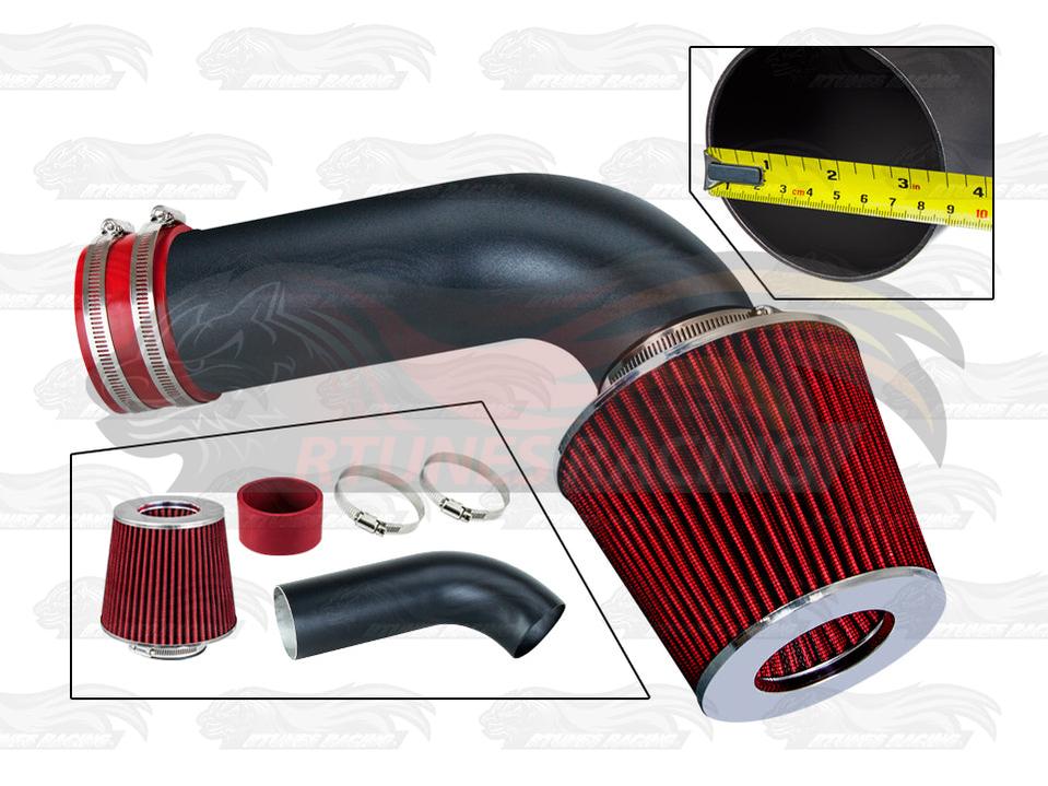 Rtunes Racing short ram air intake with matte black pipe, red conical air filter, and metal hose clamps for Ford F150.
