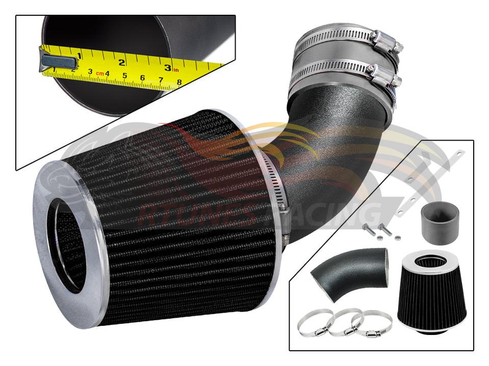Rtunes Racing short ram air intake kit with black filter, matte black pipe, and mounting hardware for Honda and Isuzu.