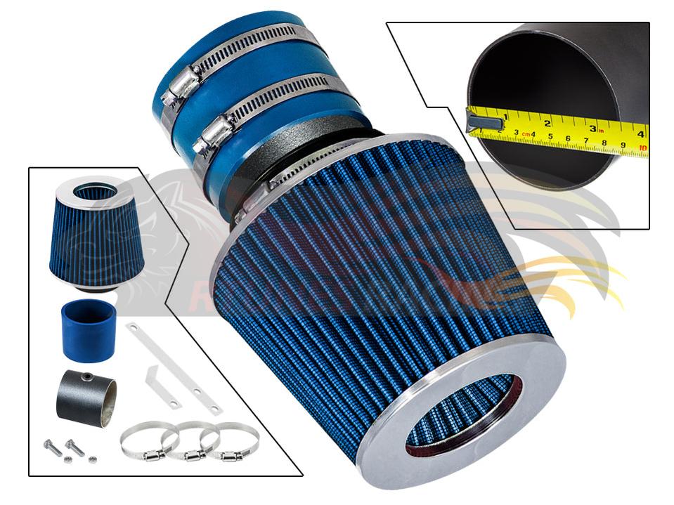 Rtunes Racing blue short ram air intake kit with cone filter, metal piping, and mounting hardware for Kia vehicles.