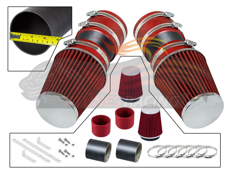 Rtunes Racing red and black short ram air intake kit for Mercedes Benz C300/C350 with filters, couplers, and hardware.