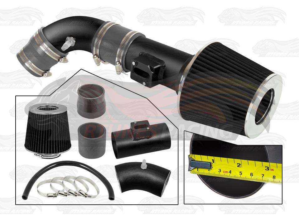 Black short ram air intake kit for Nissan Altima with a conical filter, metal piping, silicone couplers, and clamps.
