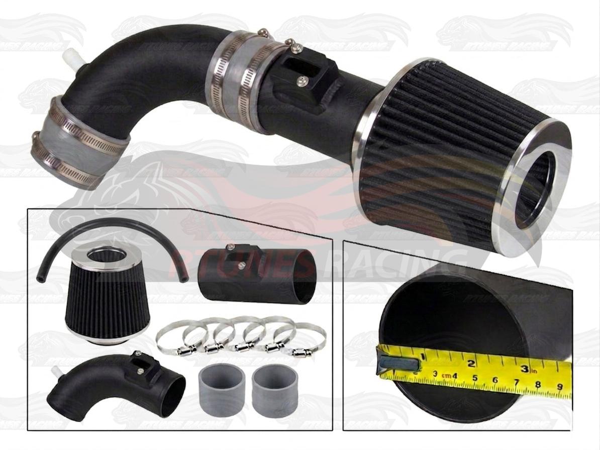 Rtunes Racing short ram air intake kit for Nissan Altima with black powder-coated pipe and cone air filter.