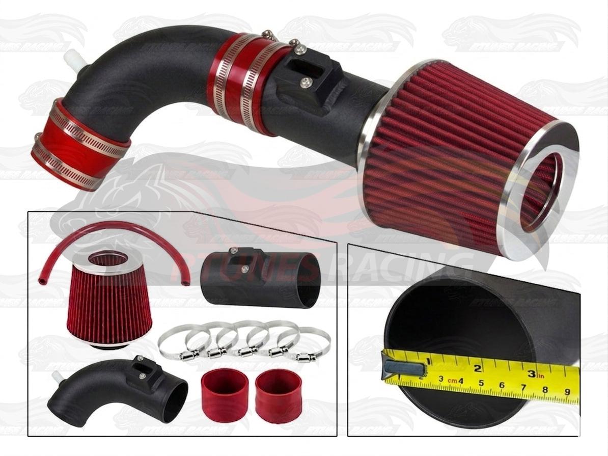 Rtunes Racing short ram air intake kit with red filter, black piping, and red silicone couplers for 2013-2017 Nissan Altima.