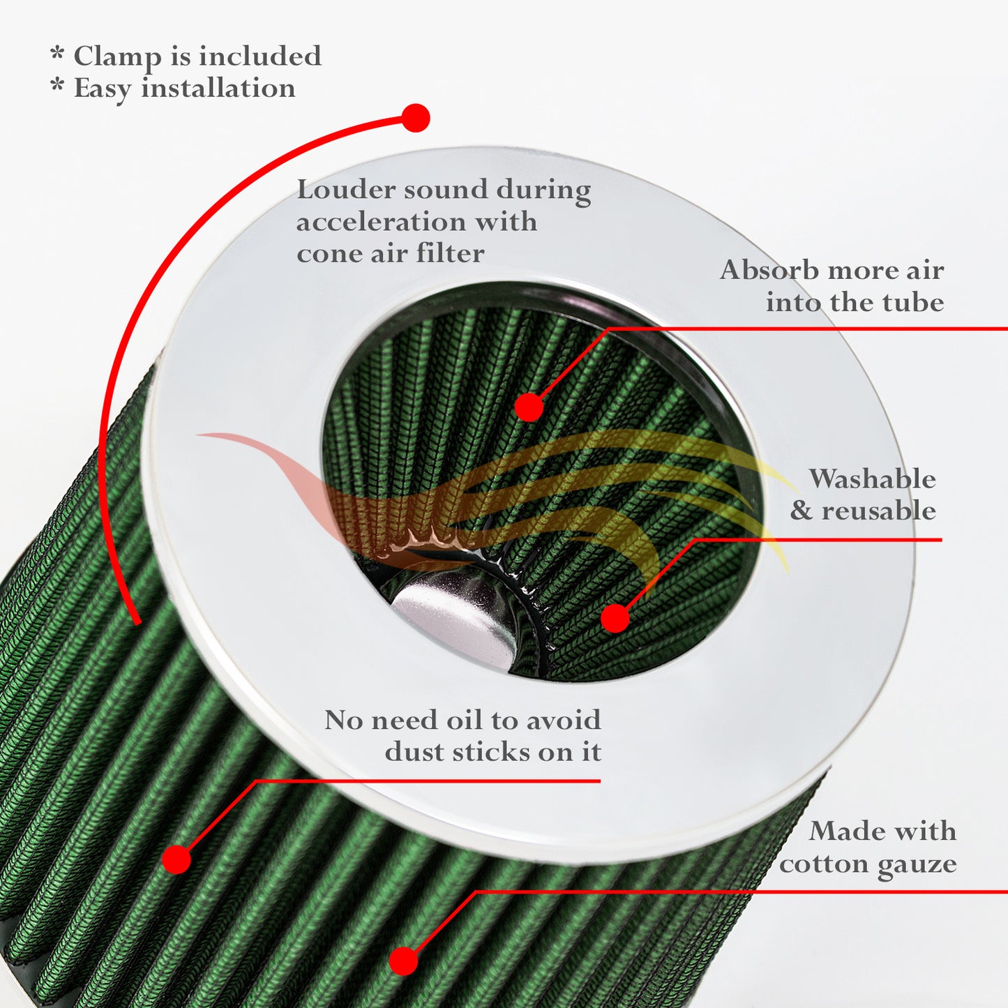 GREEN 2.75" 70mm Cone Air Filter | Rtunes Racing | AF275GN