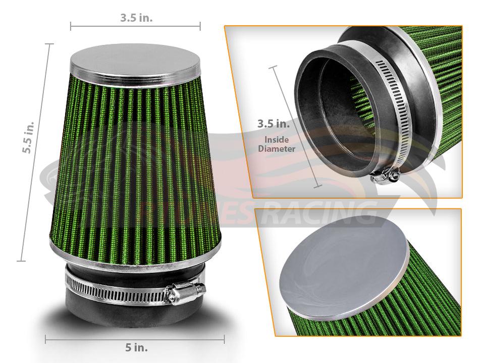 GREEN 3.5" 89 mm Inlet Narrow Cone Replacement Performance Washable Clamp-On Dry Air Filter | Rtunes Racing | AFN35GN