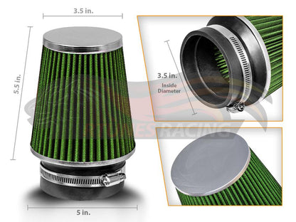 GREEN 3.5" 89 mm Inlet Narrow Cone Replacement Performance Washable Clamp-On Dry Air Filter | Rtunes Racing | AFN35GN