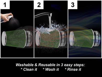 GREEN 3.5" 89 mm Inlet Narrow Cone Replacement Performance Washable Clamp-On Dry Air Filter | Rtunes Racing | AFN35GN