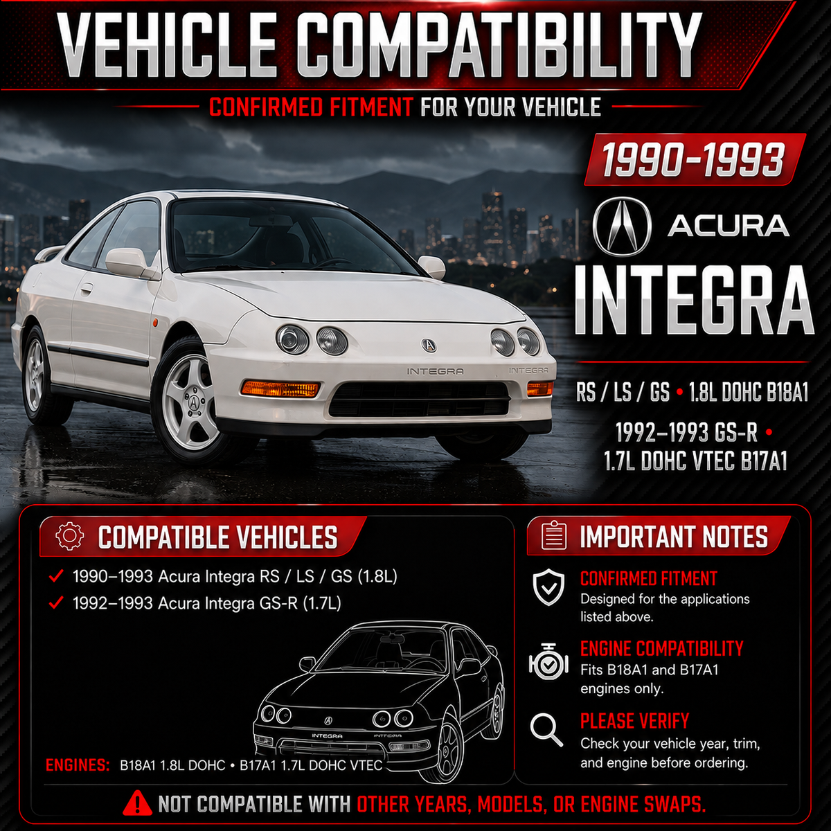 CI-AC-01 vehicle compatibility: 1990-1993 Acura Integra B18A1 and B17A1 fitment