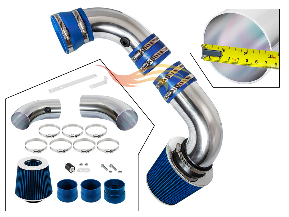 Parts included in the blue CI-CH-02 cold air intake kit for 1996-2005 Chevy S10, Blazer, GMC Sonoma, Jimmy 4.3L – Rtunes Racing