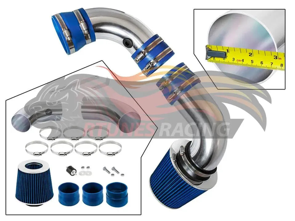 Blue polished CI-CH-02 cold air intake kit with Rtunes Racing branding and included components