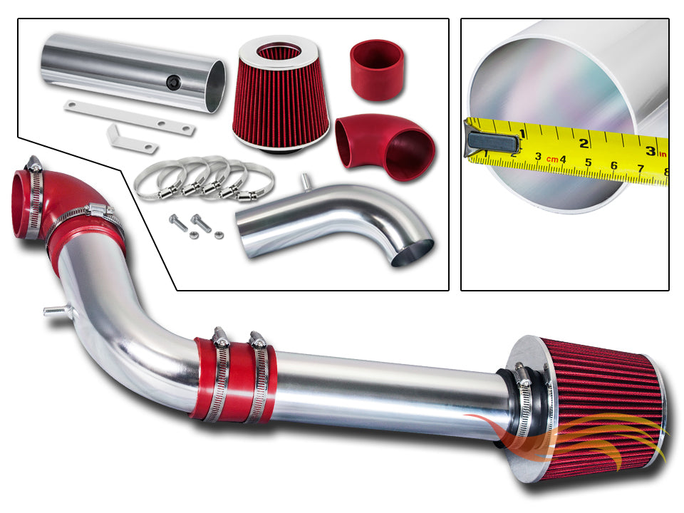 Parts included in the red CI-CH-05 cold air intake kit for 1997-2003 Chevy S10, GMC Sonoma 2.2L – Rtunes Racing