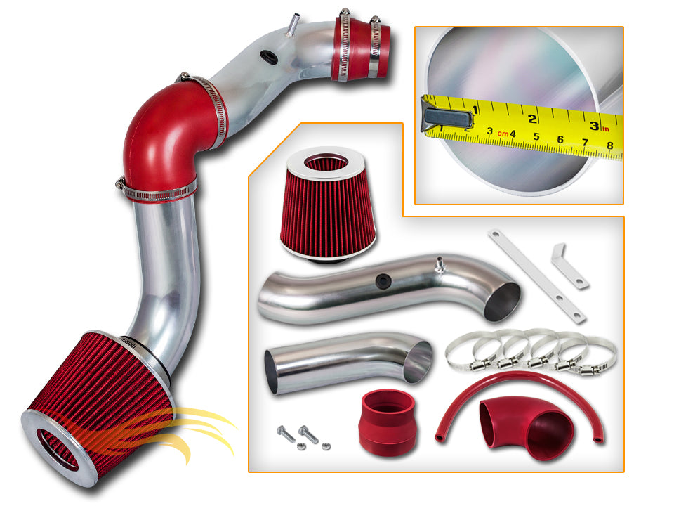 Parts included in the red CI-CH-10 cold air intake kit for 2004-2008 Chevy Aveo 1.6L – Rtunes Racing