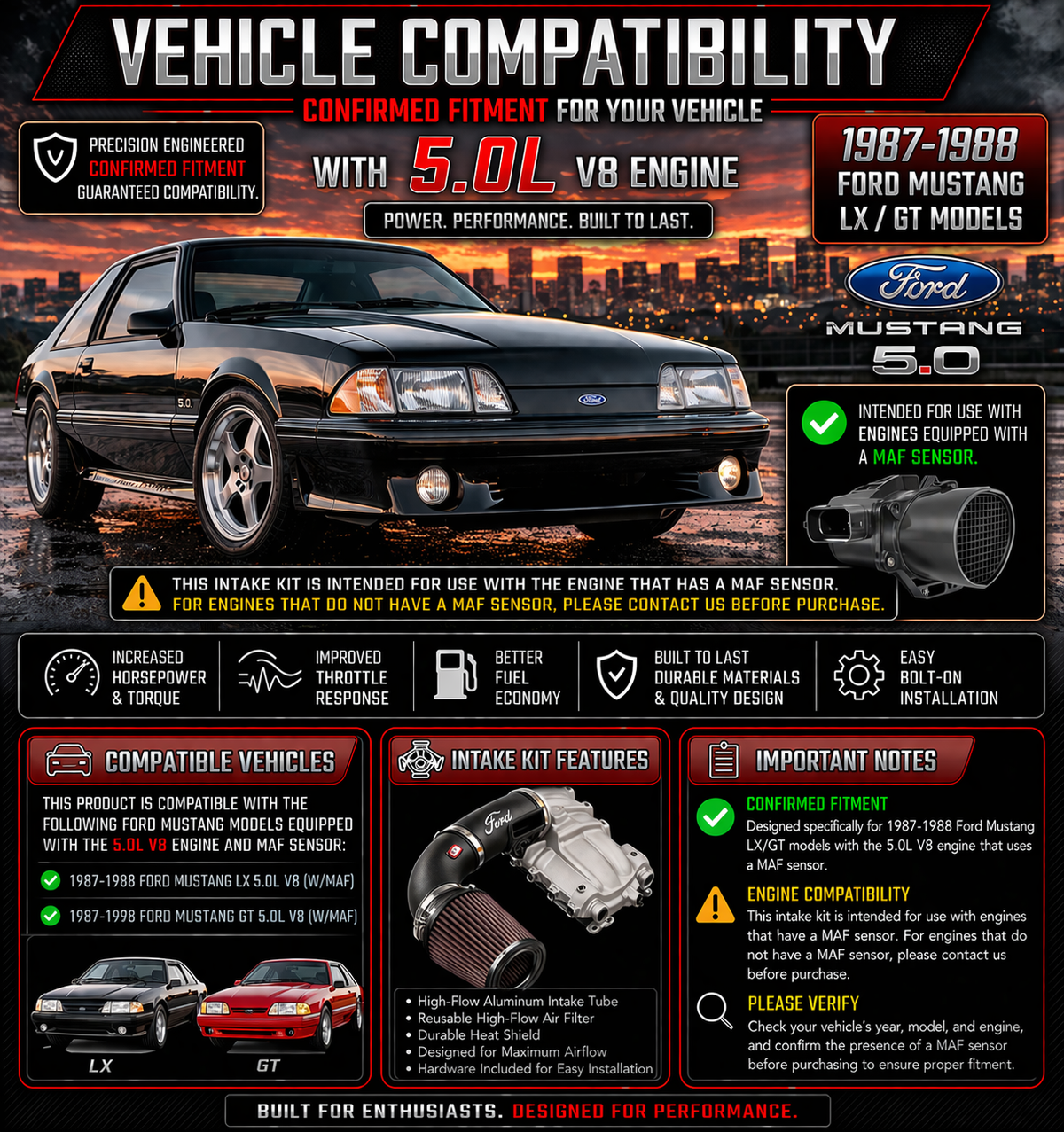 CI-FD-01 cold air intake fitment chart: 1987-1993 Ford Mustang 5.0L V8