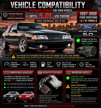 CI-FD-01 cold air intake fitment chart: 1987-1993 Ford Mustang 5.0L V8
