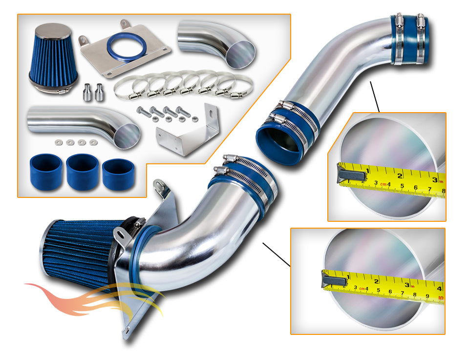 Parts included in the blue CI-FD-01 cold air intake kit for 1987-1993 Ford Mustang 5.0L V8 – Rtunes Racing