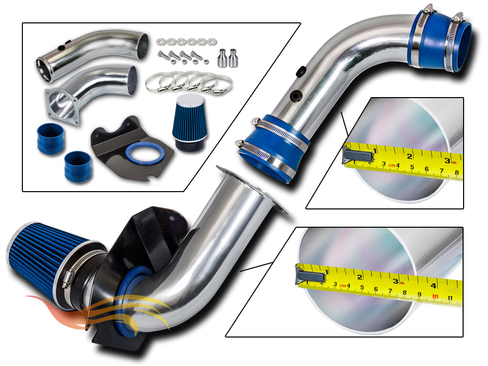 Parts included in the blue CI-FD-03 cold air intake kit for 1994-1998 Ford Mustang 3.8L V6 – Rtunes Racing