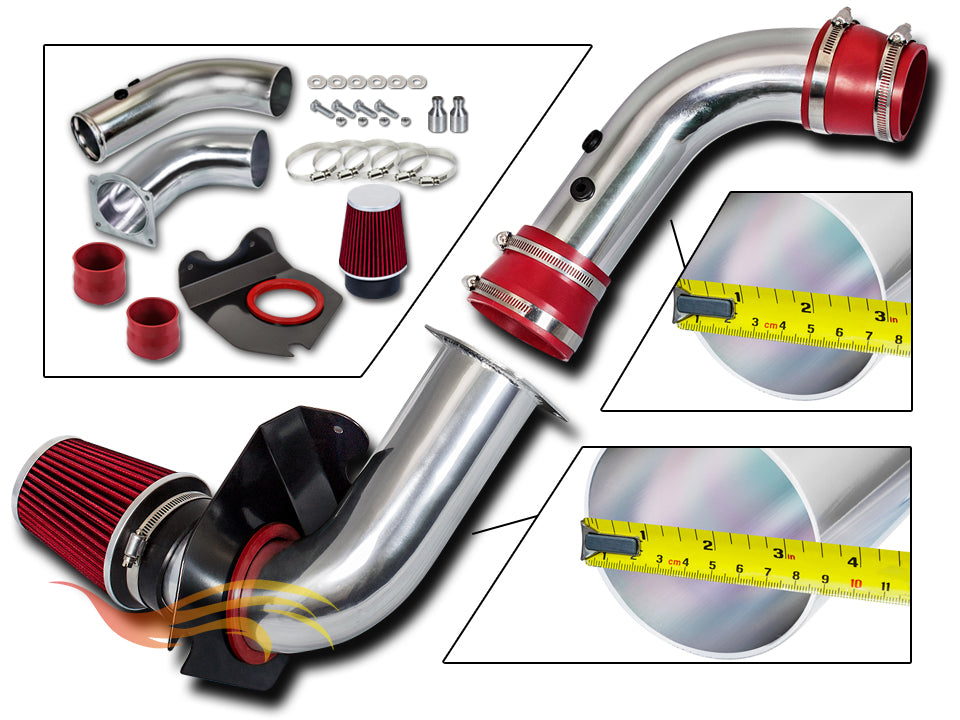 Parts included in the red CI-FD-03 cold air intake kit for 1994-1998 Ford Mustang 3.8L V6 – Rtunes Racing