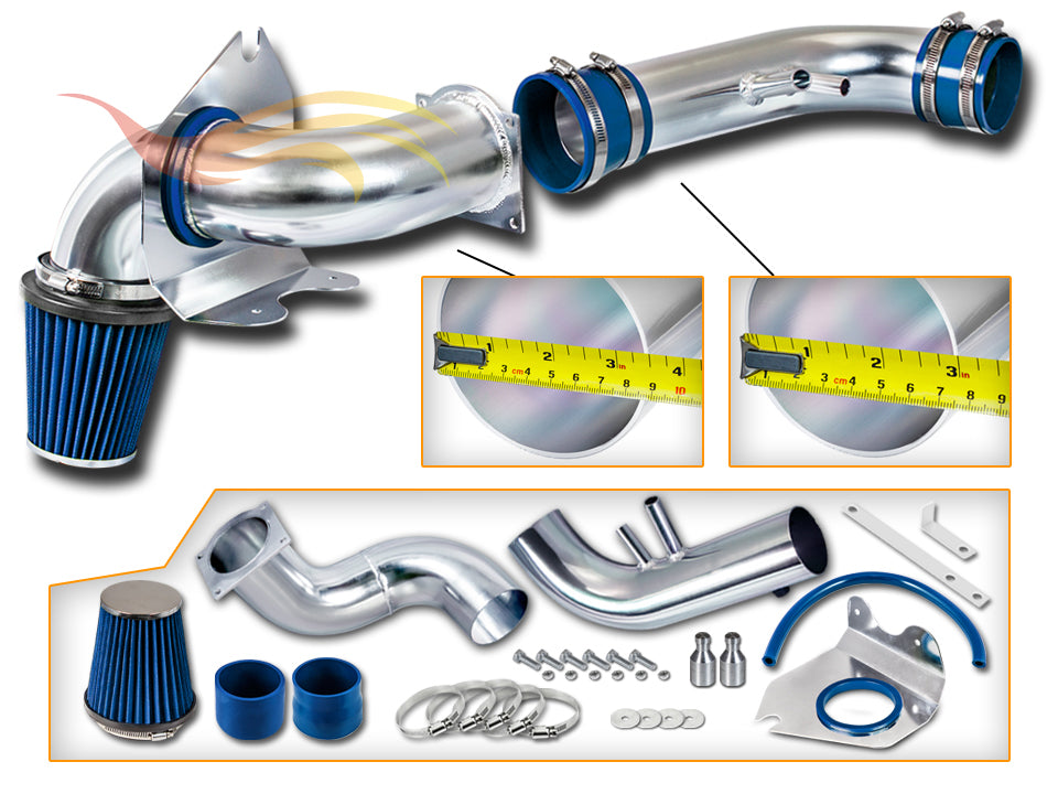 Parts included in the blue CI-FD-05 cold air intake kit for 1996-2004 Ford Mustang 4.6L V8 – Rtunes Racing