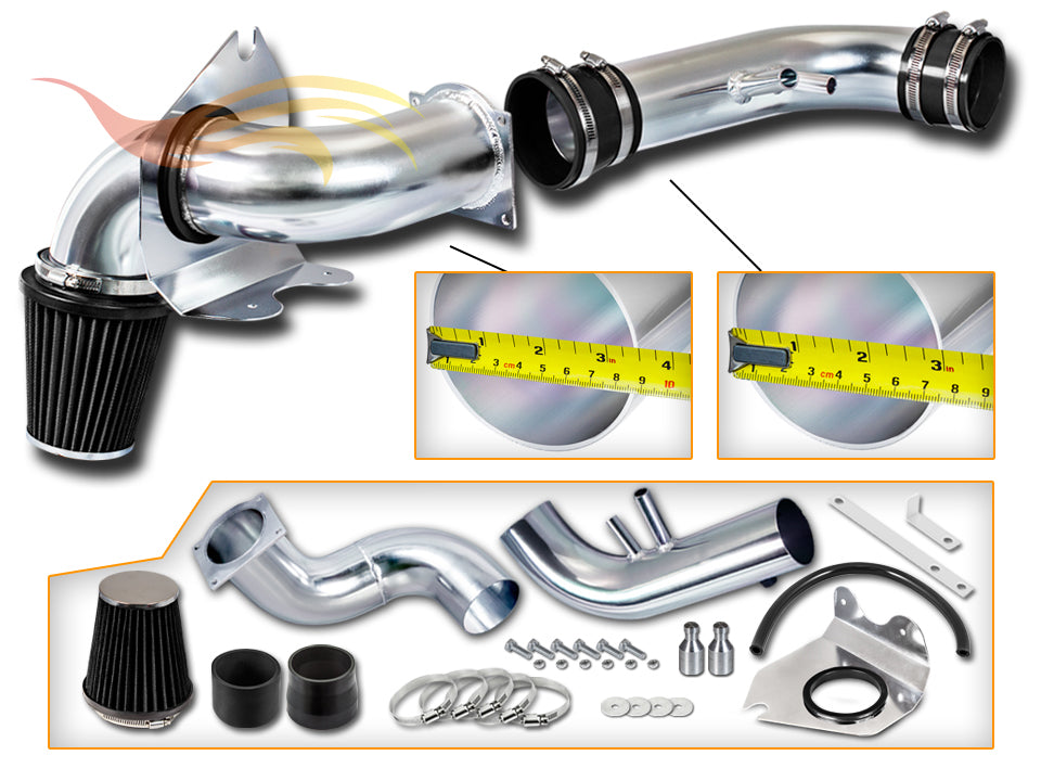 Parts included in the black CI-FD-05 cold air intake kit for 1996-2004 Ford Mustang 4.6L V8 – Rtunes Racing