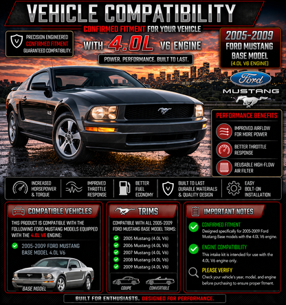 Vehicle compatibility for 2005-2009 Ford Mustang Base model with 4.0L V6 engine