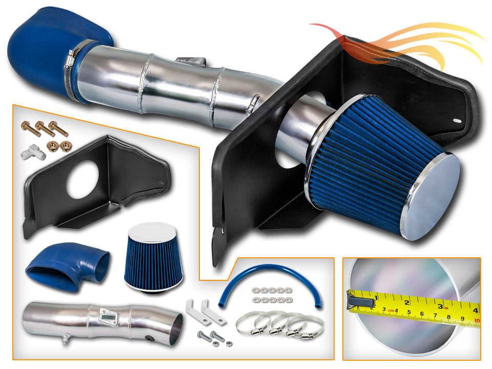 Parts included in the blue CI-FD-09 cold air intake kit for 2005-2009 Ford Mustang GT 4.6L V8 – Rtunes Racing