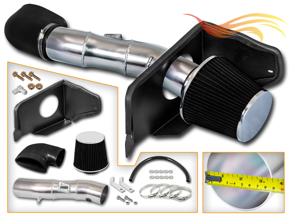 Parts included in the black CI-FD-09 cold air intake kit for 2005-2009 Ford Mustang GT 4.6L V8 – Rtunes Racing