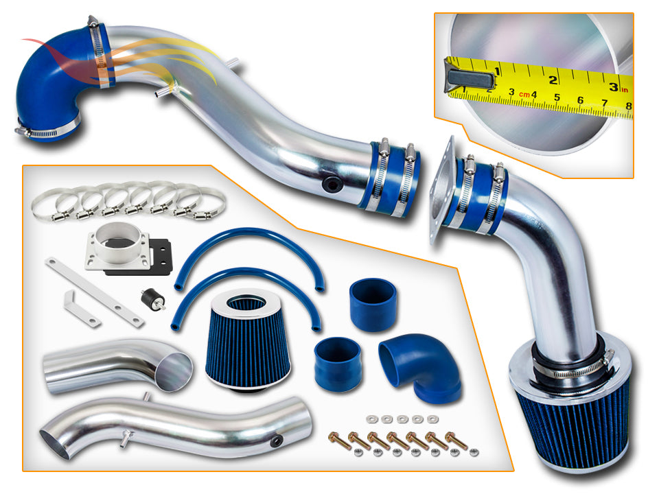 Parts included in the blue CI-FD-12 cold air intake kit for 1998-2003 Ford Escort ZX2 2.0L – Rtunes Racing