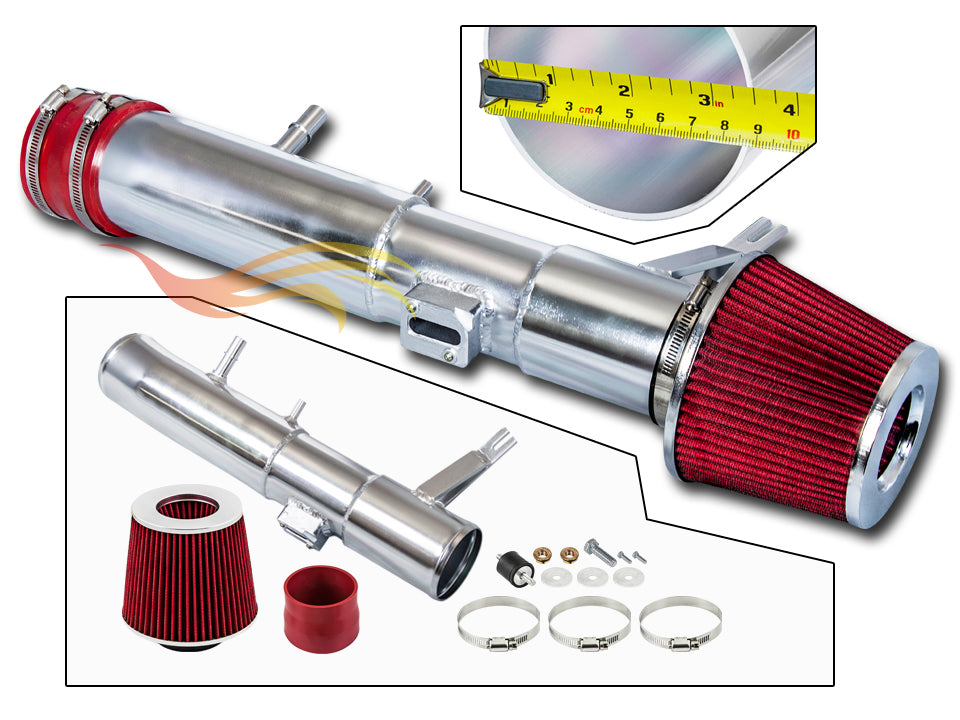 Parts included in the red CI-FD-13 cold air intake kit for 2011-2014 Ford Mustang 3.7L V6 – Rtunes Racing