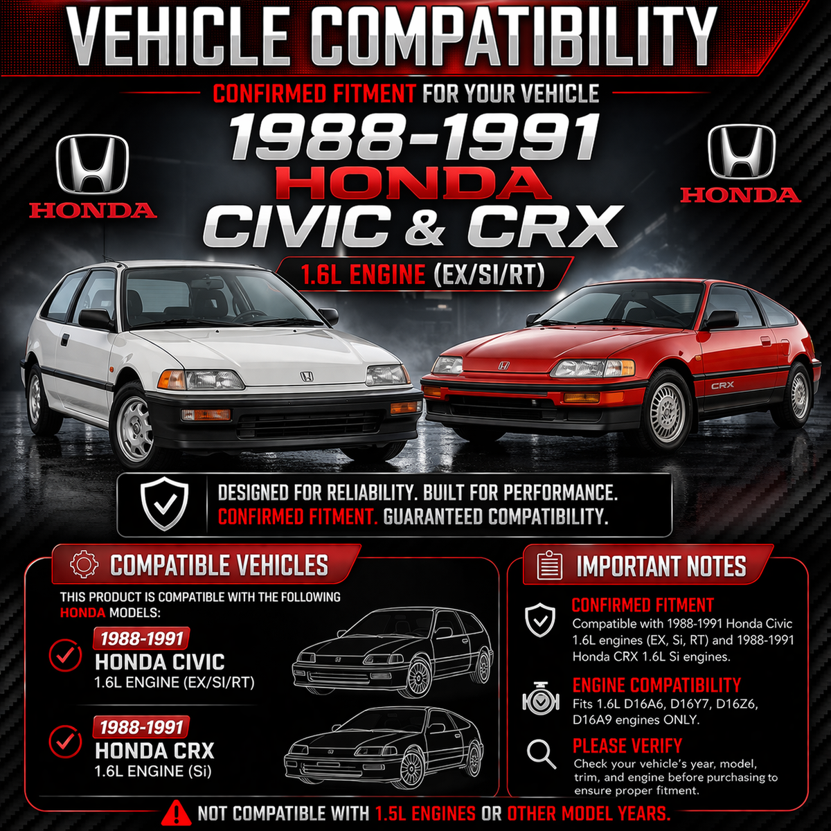 CI-HD-01 cold air intake fitment chart: 1988-1991 Honda Civic/CRX EX Si 1.6L
