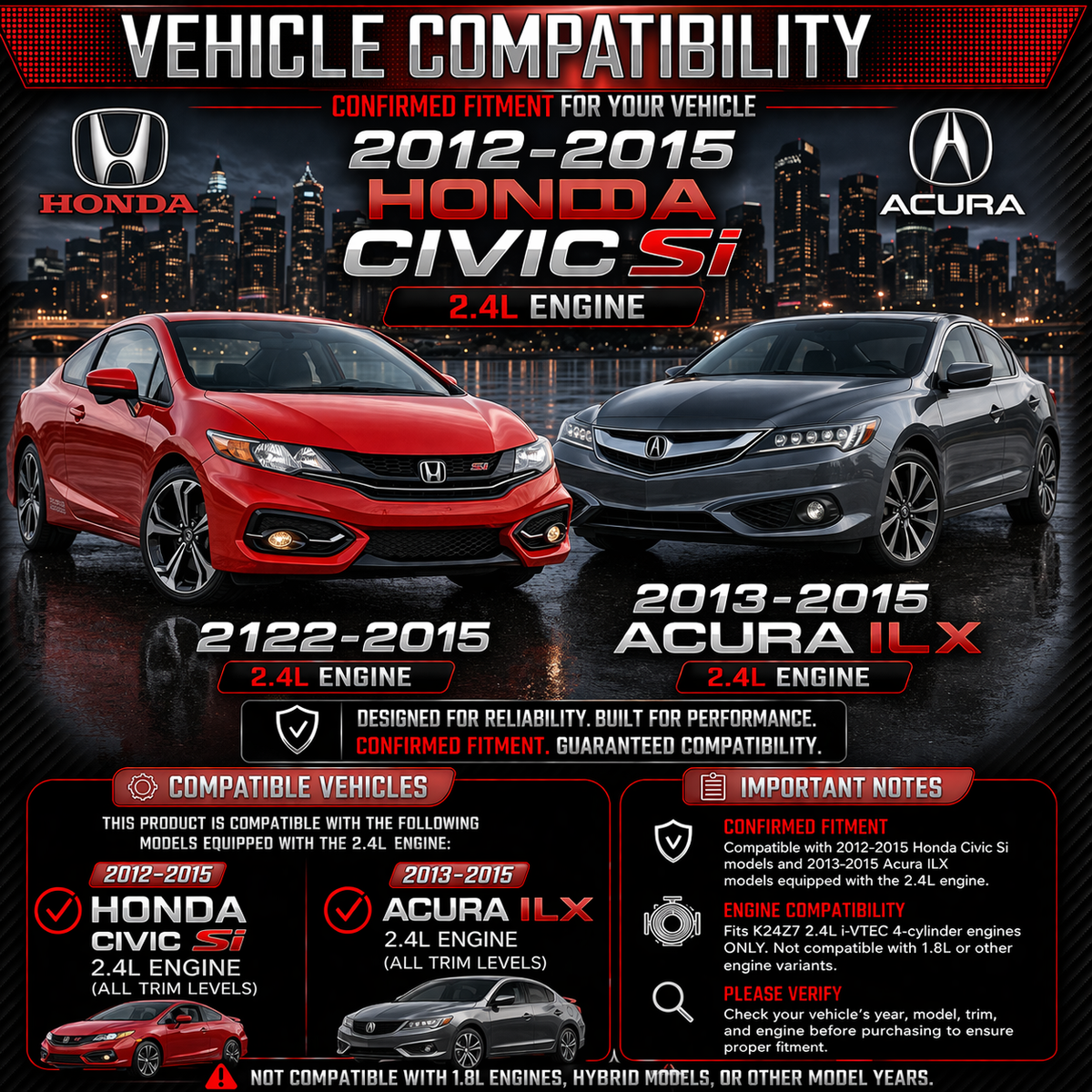CI-HD-19 cold air intake fitment chart: 2012-2015 Civic Si & 13-15 Acura ILX 2.4L